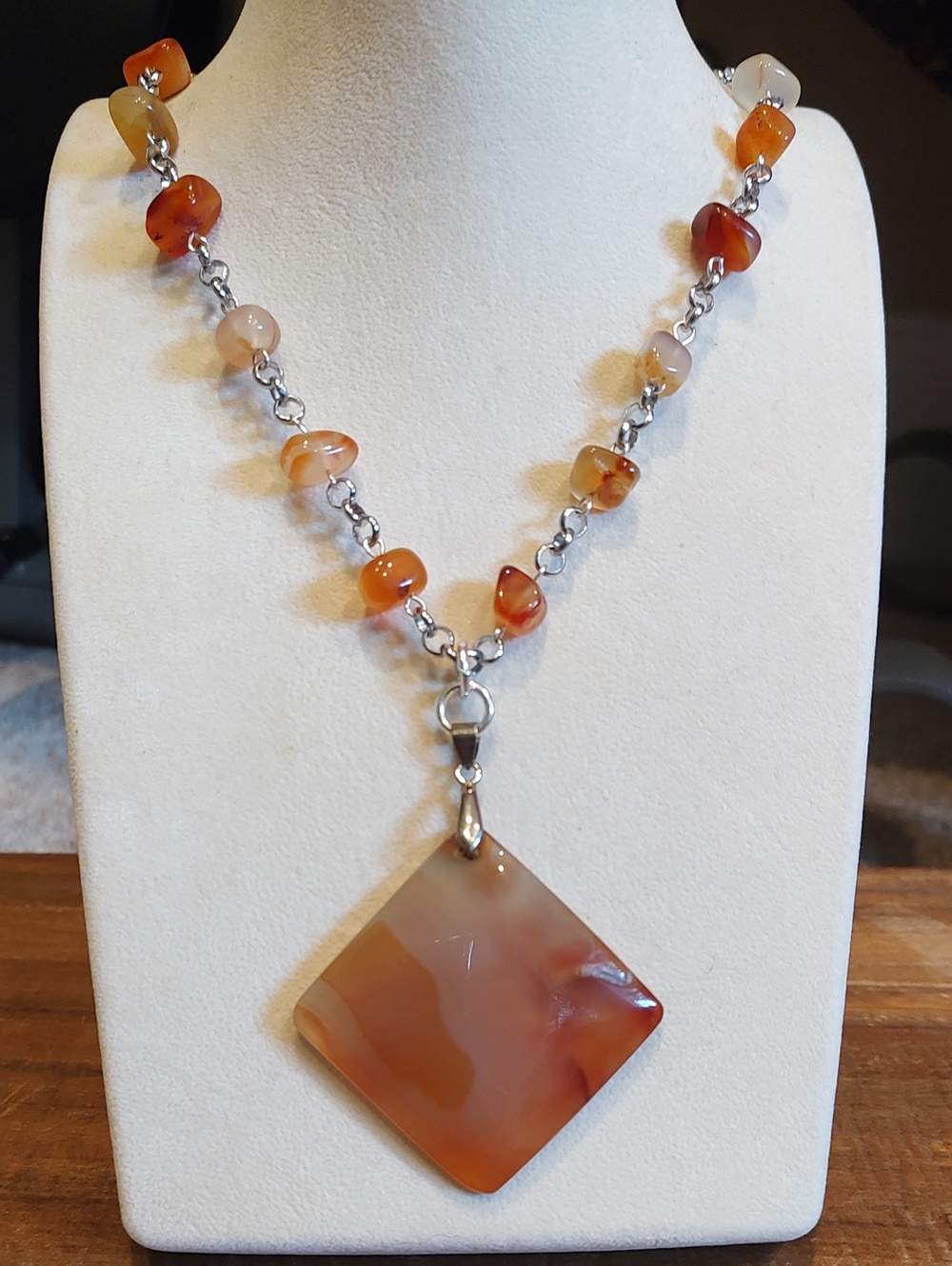Beautiful Carnelian Pendant With Carnelian Beaded Silver Necklace 19"